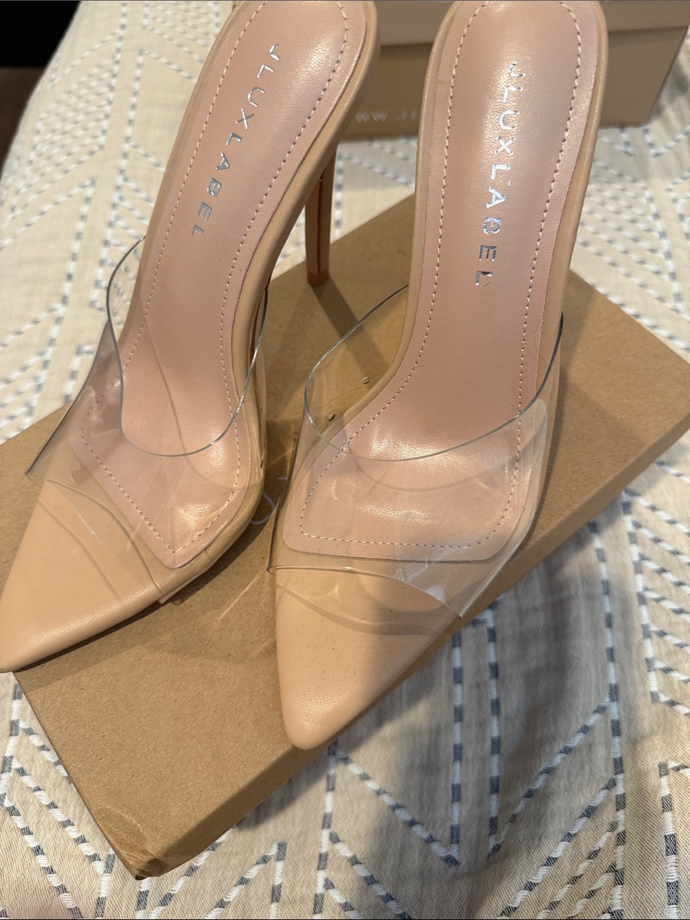 JLUXLABEL Nude Pointed Stiletto Heels with Clear Strap